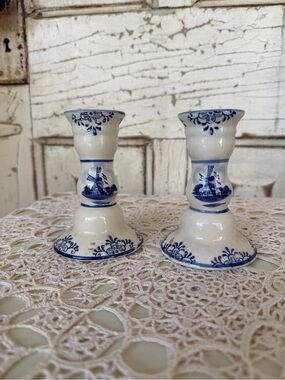 Delft Blue and White Ceramic Candle Holders - Pair